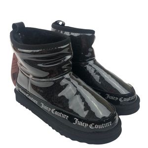 Juicy Couture Klash Boots Clear Mirrored Sherpa Bootie Black Faux Fur Size 7
